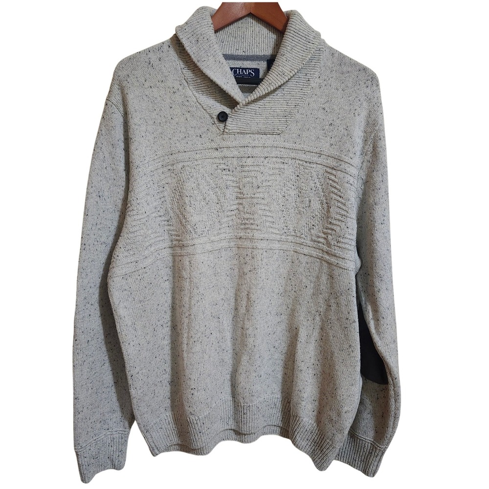 Chaps Mens Shawl Neck Pullover Sweater XL Cream Gray‎ Elbow Patch Knitwear